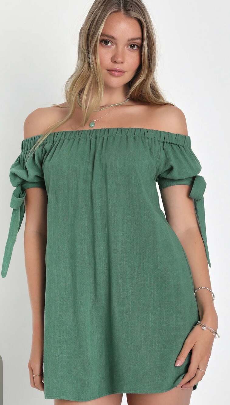Lulus Size S Al Fresco Evenings Olive Green Off-the-Shoulder Shift Dress